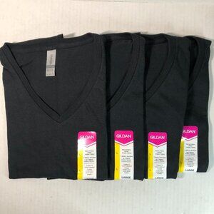 NEW LOT OF 4 WOMEN'S SIZE LARGE BLACK GILDAN SHORT SLEEVE V-NECK TEES G5V00L